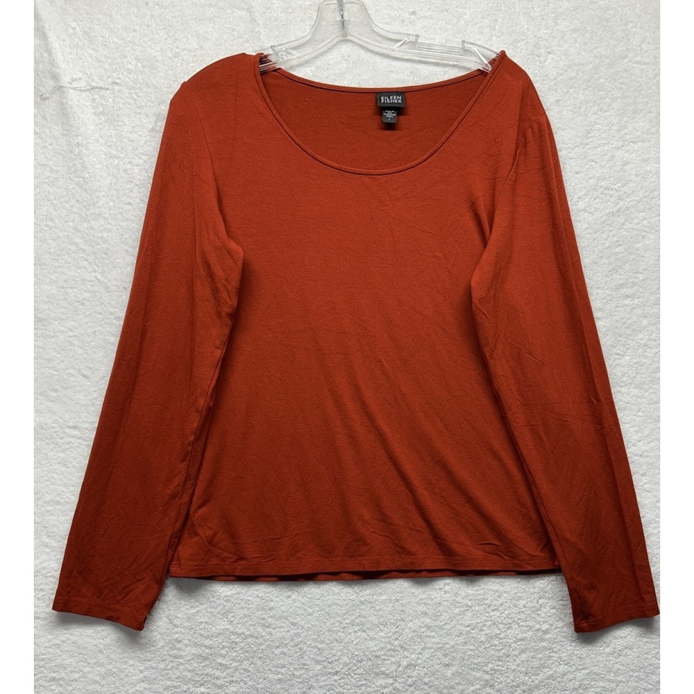 Eileen Fisher Womens Size L Orange Long Sleeve Rayon Blend Scoop Neck Top (M9)